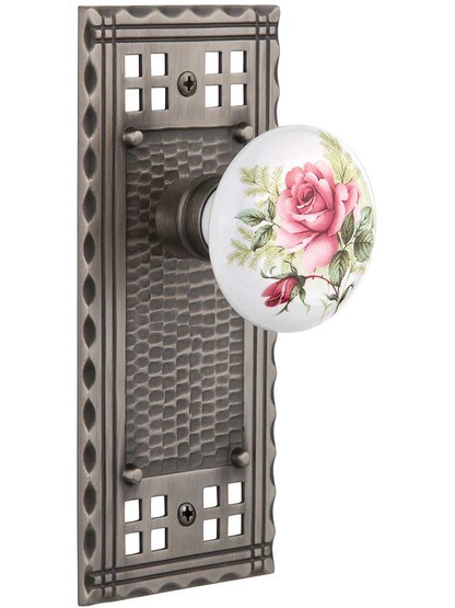 Pasadena Door Set with Rose Porcelain Knobs in Antique Pewter.